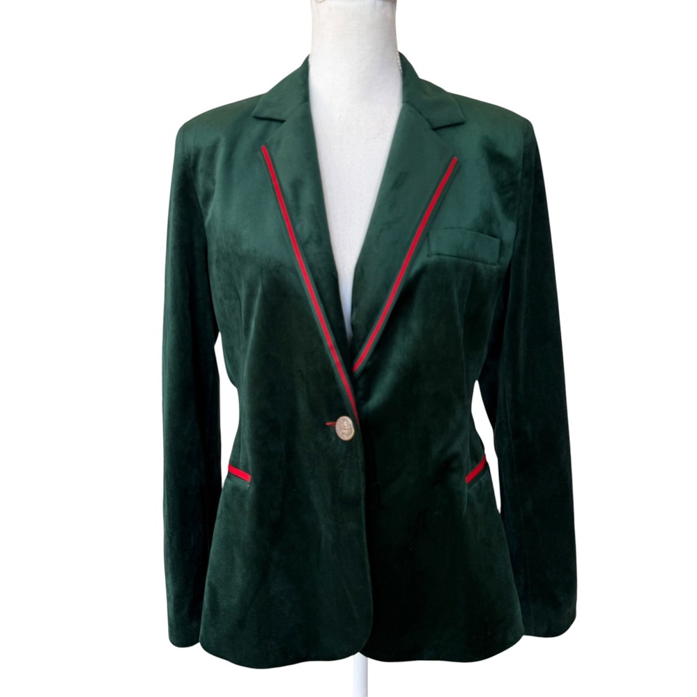 Green Velvet Blazer Mona Lisa Lining Red Trim Made in France Size 12